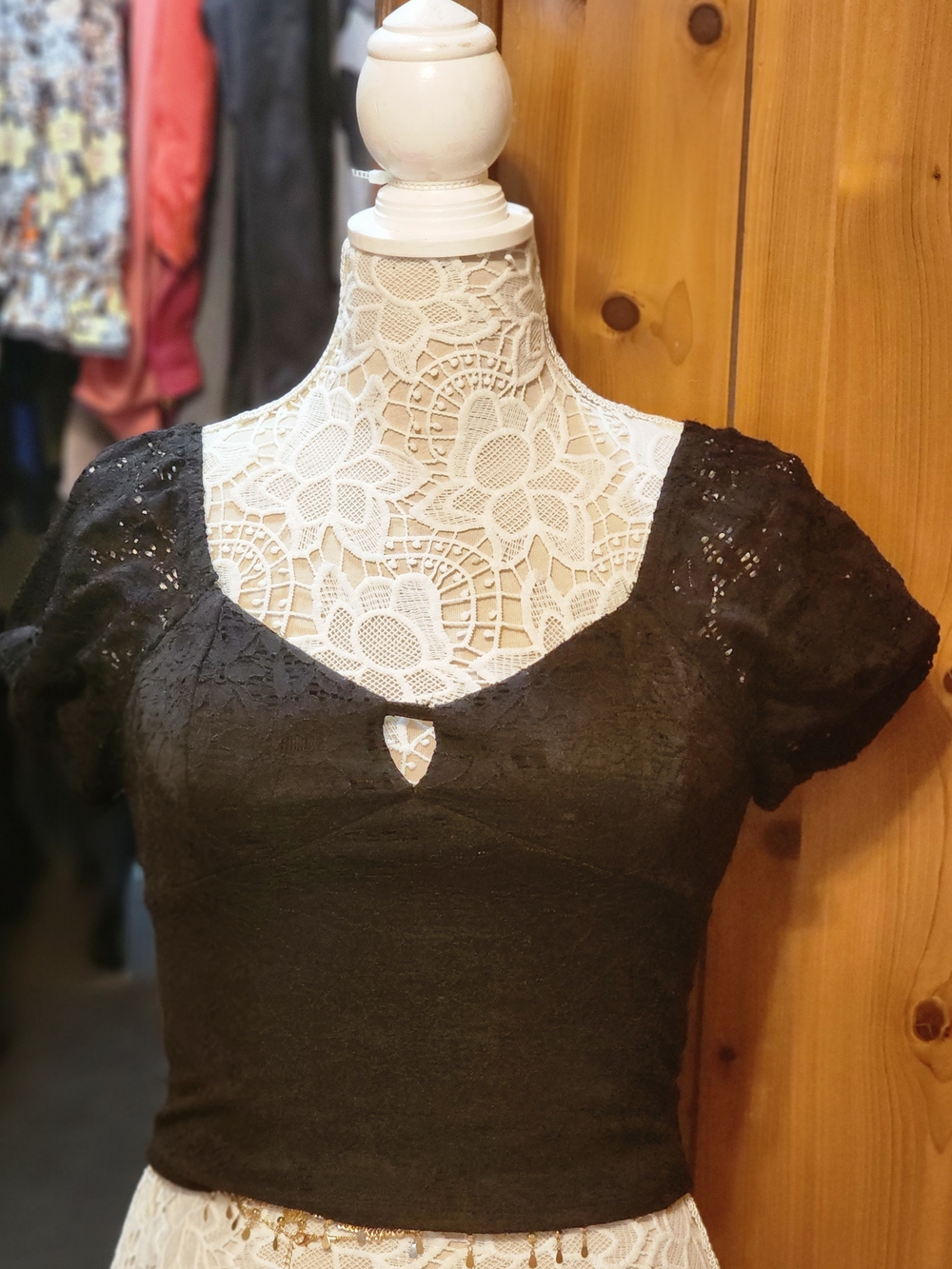 No Boundaries Black Lace Short Sleeve Crop Top with Keyhole